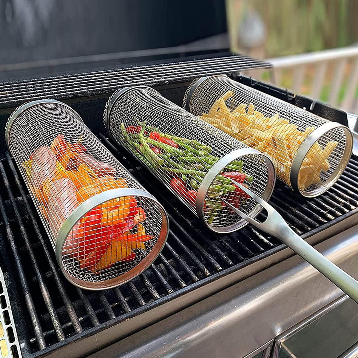 Rolling BBQ Grill Basket – Stainless Steel Grilling Cylinder