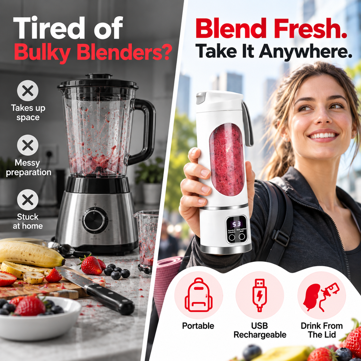 Portable Blender Bottle – 450ml USB Rechargeable Smoothie Maker
