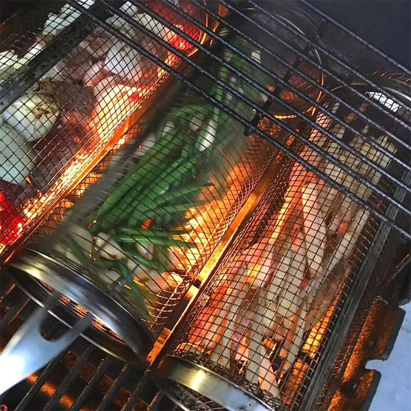 Rolling BBQ Grill Basket – Stainless Steel Grilling Cylinder