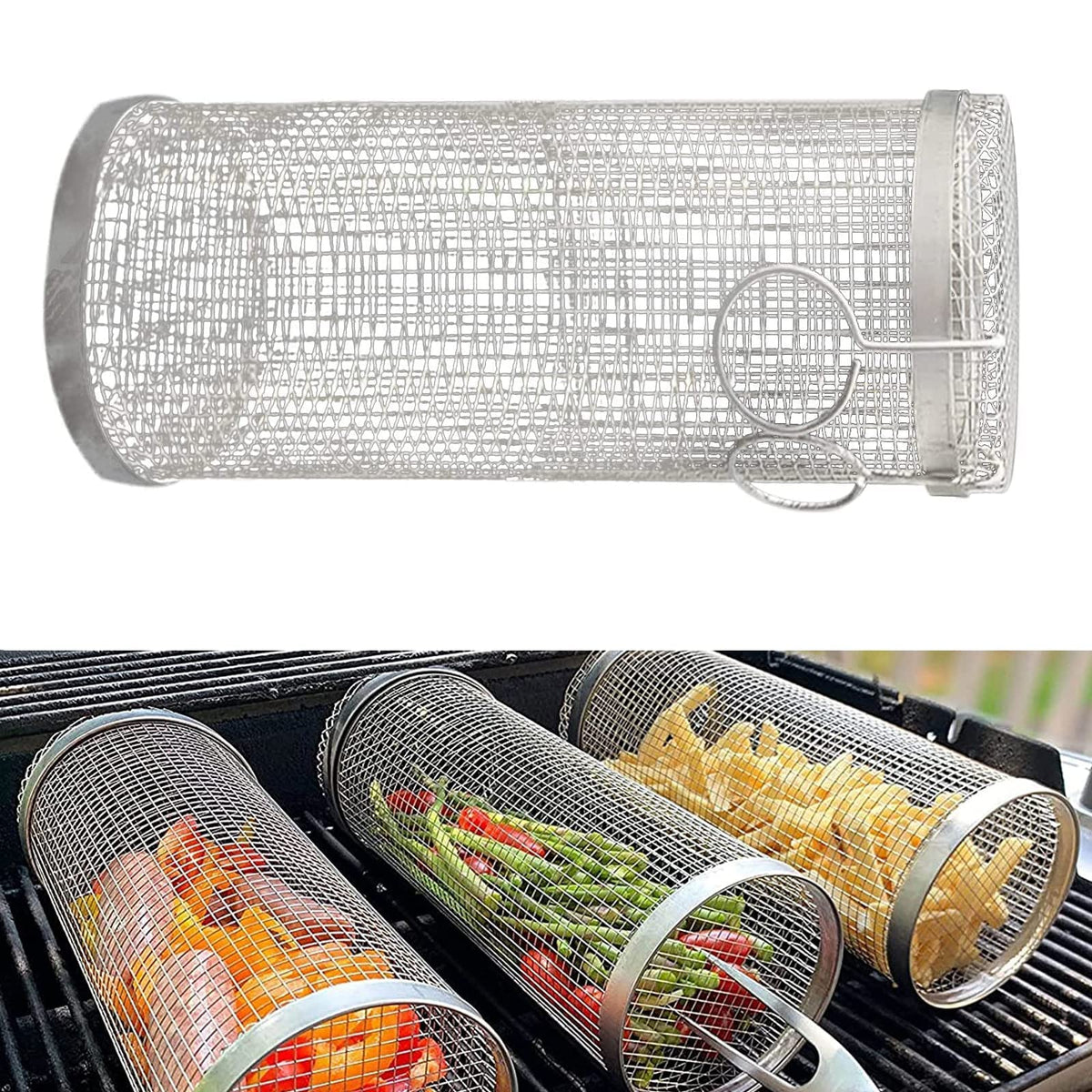 Rolling BBQ Grill Basket – Stainless Steel Grilling Cylinder