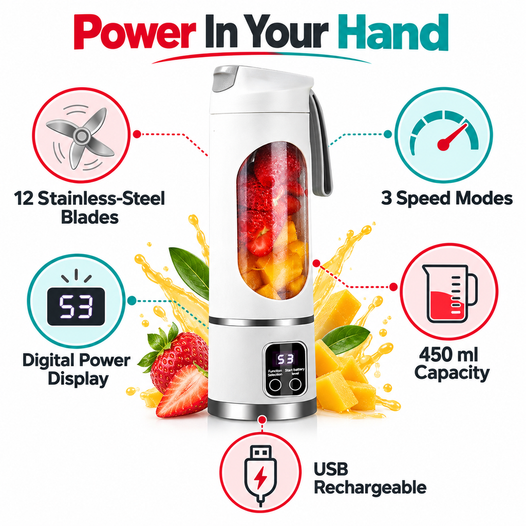 Portable Blender Bottle – 450ml USB Rechargeable Smoothie Maker