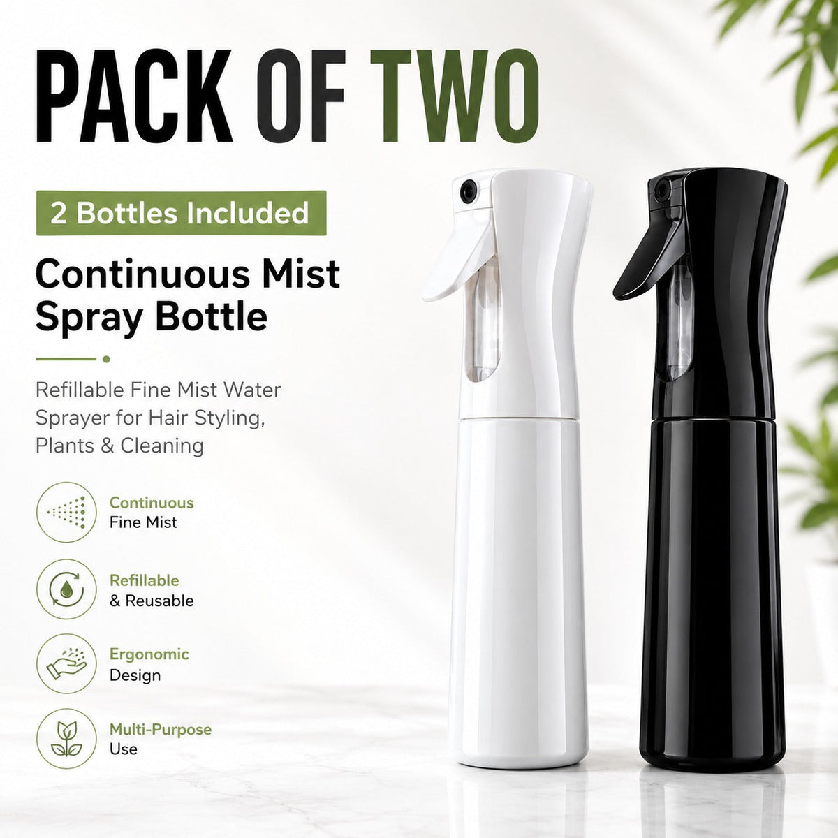 2-Pack Continuous Mist Spray Bottles – Fine Mist Sprayer
